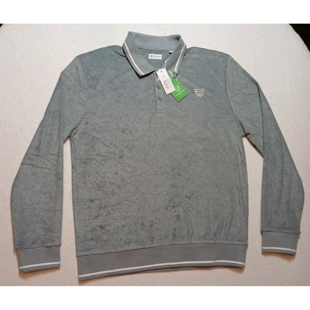 Golf Linx 18 Mens Long Sleeve Polo Shirt Large Gray Diamond Pattern Terry NWT